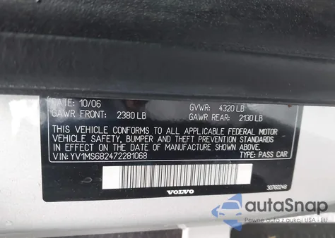 2007 Volvo S40 T5 из США, поврежденный, VIN YV1MS682472281068